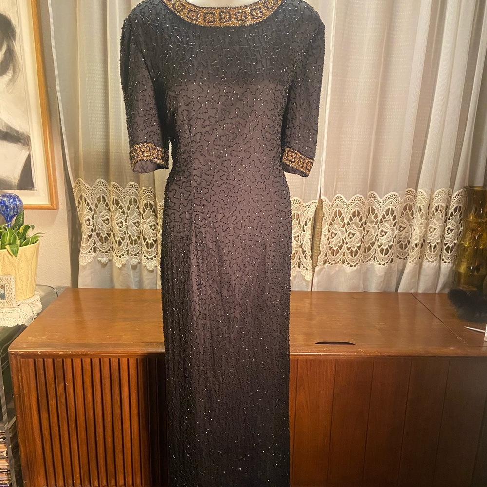 Vintage 1980s Black Beaded Cleopatra Maxi Party Dress Size Medium